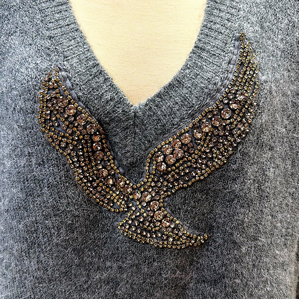 Zara Gray V-Neck Sweater with Gold Rhinestone Wing Detail